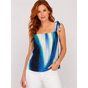DKNY Linen Printed Tie Strap Tank Top Square Neck Blue Green White Large NEW